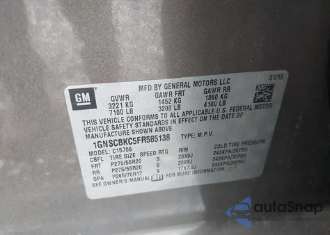 2015 Chevrolet Tahoe Lt из США, поврежденный, VIN 1GNSCBKC5FR585138